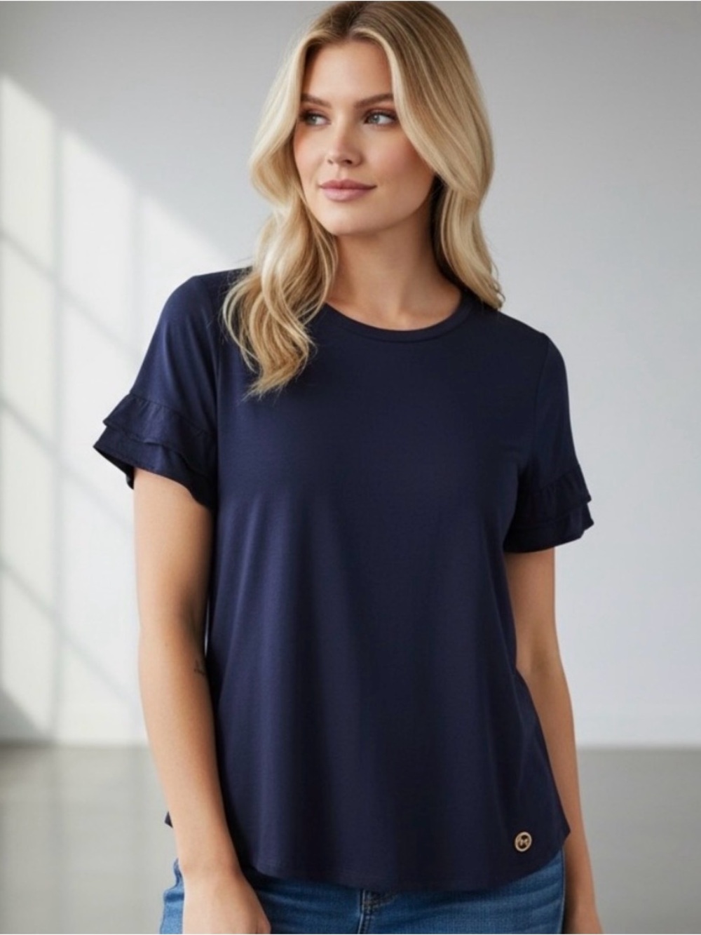 Michael Kors Navy Ruffle Sleeve Top